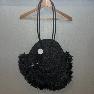 ZARA NWT Black Handmade Raffia Round Bag with Fringe & Attached Interior Purse